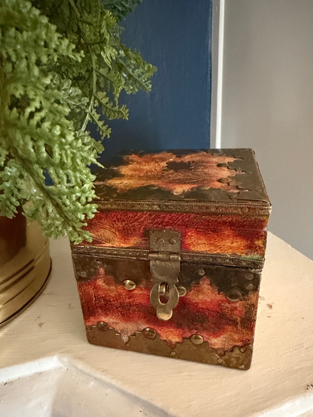 Vintage-Style Decorative Wooden Treasure Box in Red, orange and brass.